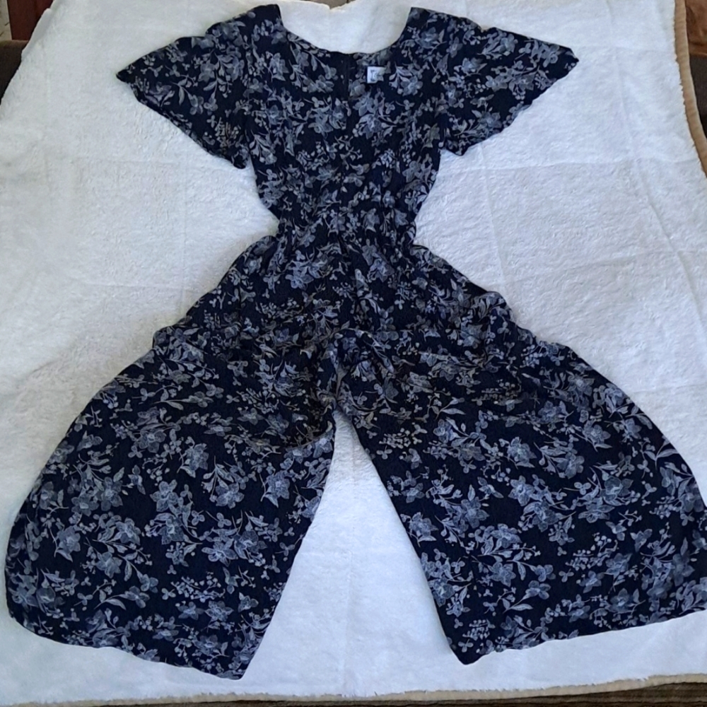 Vintage Jumpsuit Black and Grey Floral Design Size Medium by Infatuation